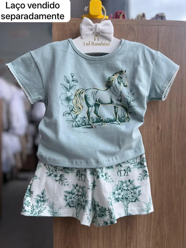 CONJUNTO BLUSA MANGA CURTA CAVALO FLORES E SHORT MENINA MILON VERDE/BRANCO / 8