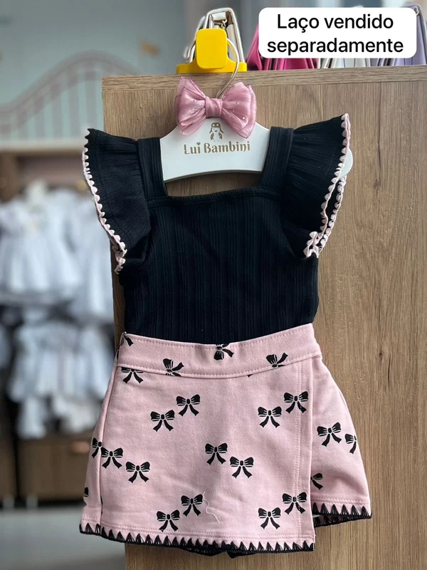 CONJUNTO BLUSA ALÇA BABADO E SHORT SAIA LAÇO MENINA MILON PRETO/ROSA / 12