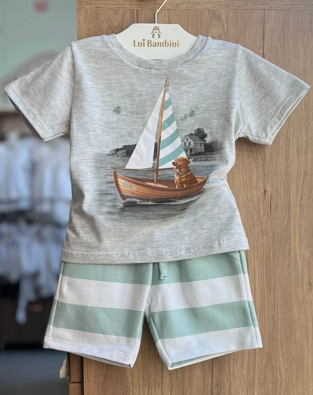 CONJUNTO CAMISETA MANGA CURTA VELEIRO BARCO CACHORRO E BERMUDA MENINO MILON MESCLA / 1