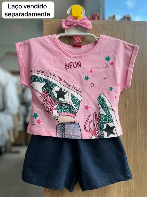 CONJUNTO BLUSA MANGA CURTA ESTRELA STAR E SHORT MENINA KYLY ROSA/MARINHO / 6