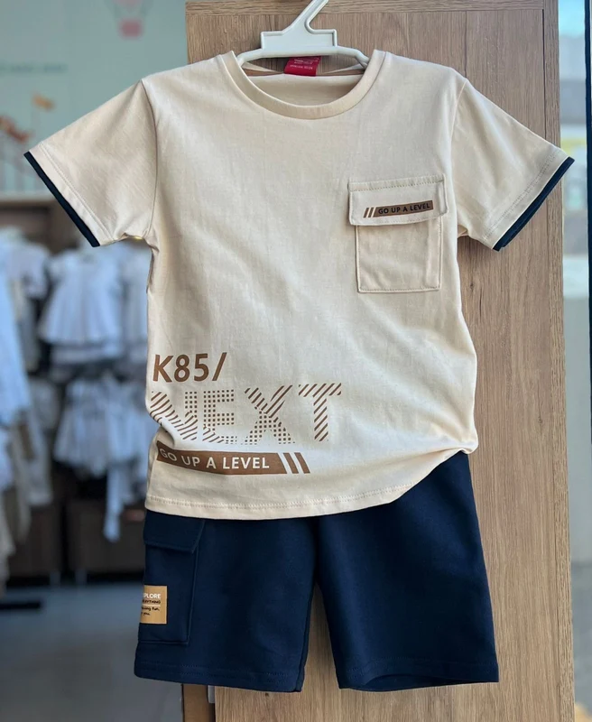 CONJUNTO CAMISETA MANGA CURTA GO UP BOLSO NEXT E BERMUDA MENINO KYLY BEGE/MARINHO / 12