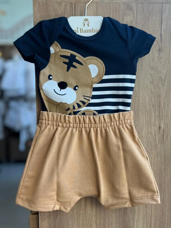CONJUNTO BODY MANGA CURTA LISTRADO TIGRE E BERMUDA MENINO KYLY MARINHO / 6-9M