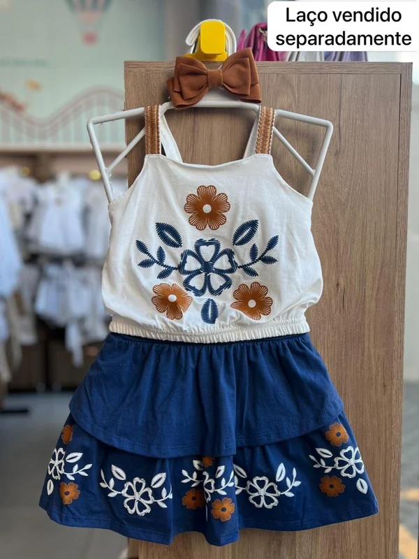 CONJUNTO BLUSA ALÇA FLORES E SAIA MENINA NANAI OFF/AZUL / 10