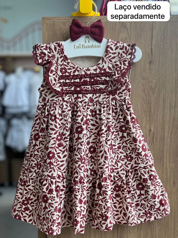 VESTIDO MANGA CURTA FLORES RENDA BABADO MENINA MILON VINHO / 1