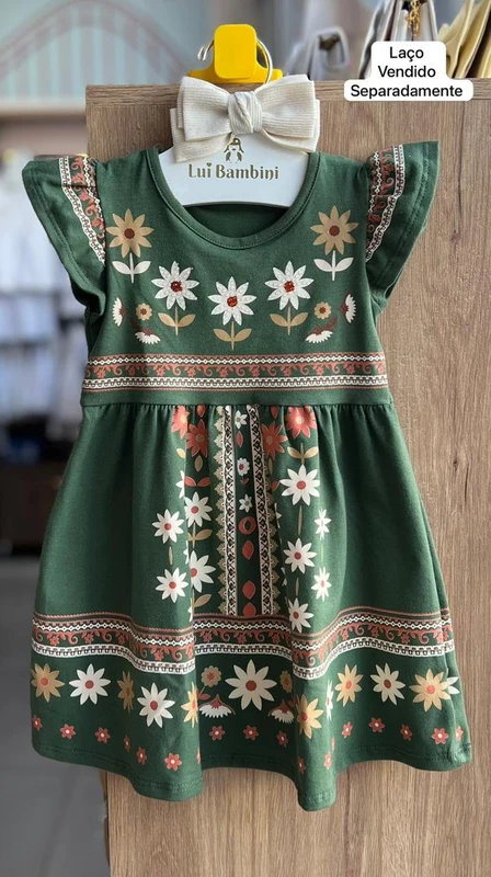 VESTIDO MANGA CURTA FLORES STRASS BABADO ART MENINA MILON Verde / 3