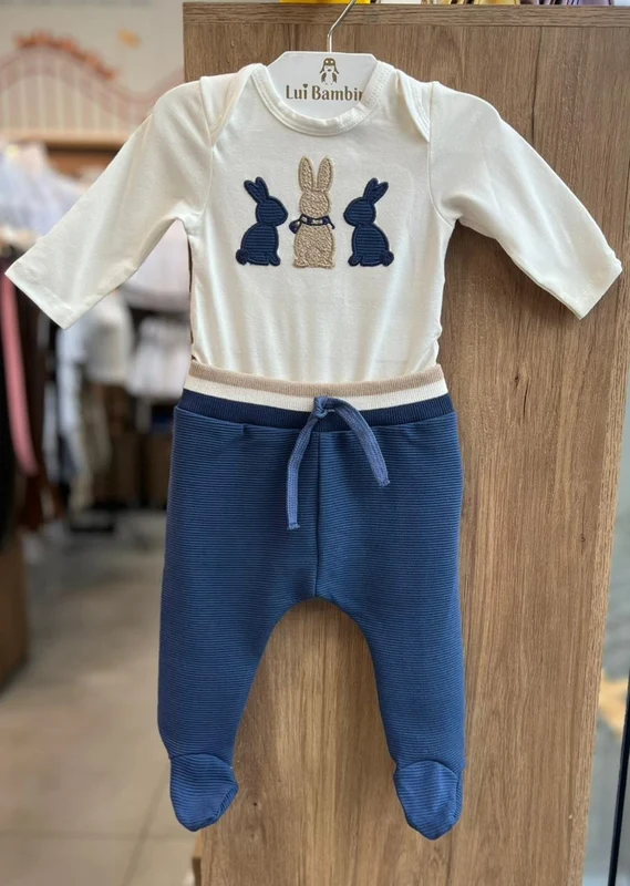 CONJUNTO BODY MANGA LONGA COELHO TRIPLO E CALÇA MENINO MILON AZUL / 6-9M