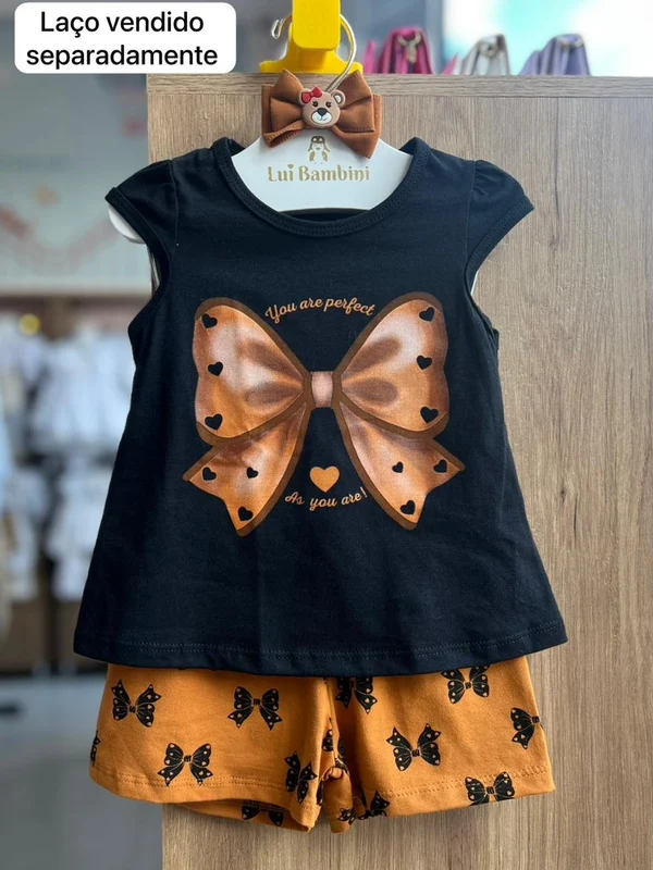 CONJUNTO BLUSA MANGA CURTA LAÇO CORAÇÃO E SHORT MENINA KYLY PRETO/BEGE / 4
