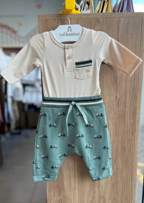 CONJUNTO BODY MANGA LONGA BOLSO E CALÇA MENINO MILON BEGE/VERDE / 3-6M