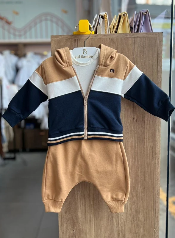 CONJUNTO JAQUETA MANGA LONGA ZÍPER CAPUZ MOLETOM E CALÇA MENINO MILON BEGE ESCURO / 6-9M
