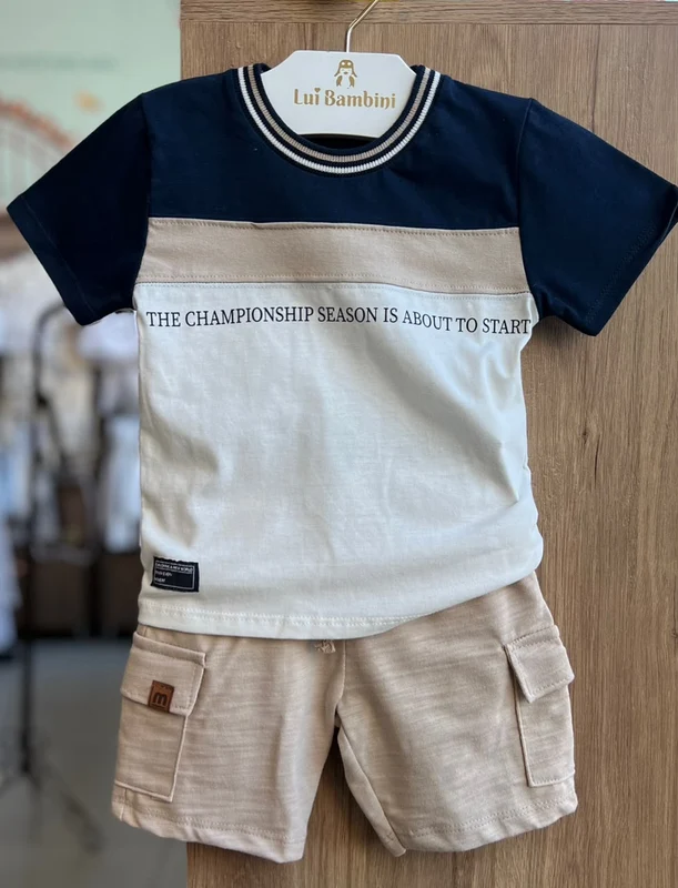 CONJUNTO CAMISETA MANGA CURTA E BERMUDA BOLSO CARGO CHAMPIONSHIP MENINO MILON MARINHO/BEGE / 1