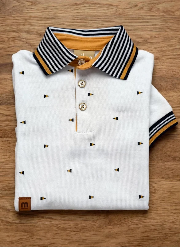 CAMISA MANGA CURTA GOLA POLO PIQUET LISTRAS TRIÂNGULOS PAI E FILHO MENINO MILON BRANCO/MARINHO / 14