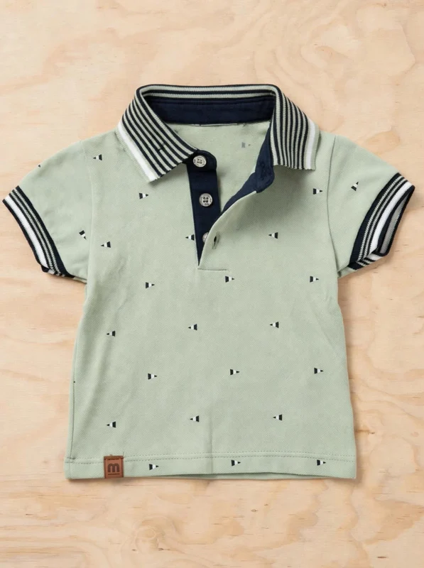 CAMISA MANGA CURTA GOLA POLO PIQUET LISTRAS TRIÂNGULOS PAI E FILHO MENINO MILON VERDE/MARINHO / 6