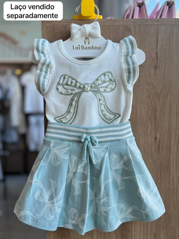 CONJUNTO BLUSA REGATA E SAIA LISTAS E LAÇOS PLISSADOS MENINA MILON OFF/AZUL / 8