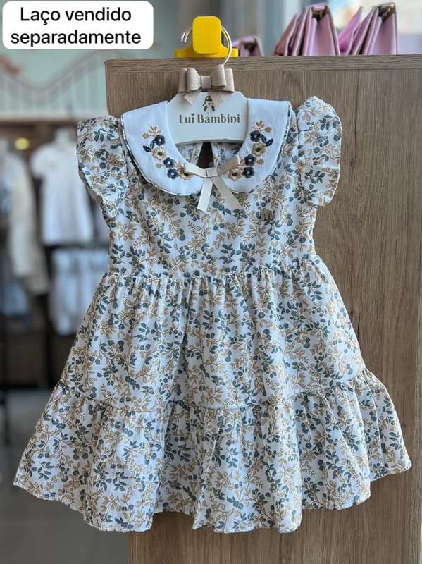 VESTIDO MANGA CURTA FLORAL GOLA BORDADA COM LAÇO MENINA MILON BRANCO/AZUL / 2