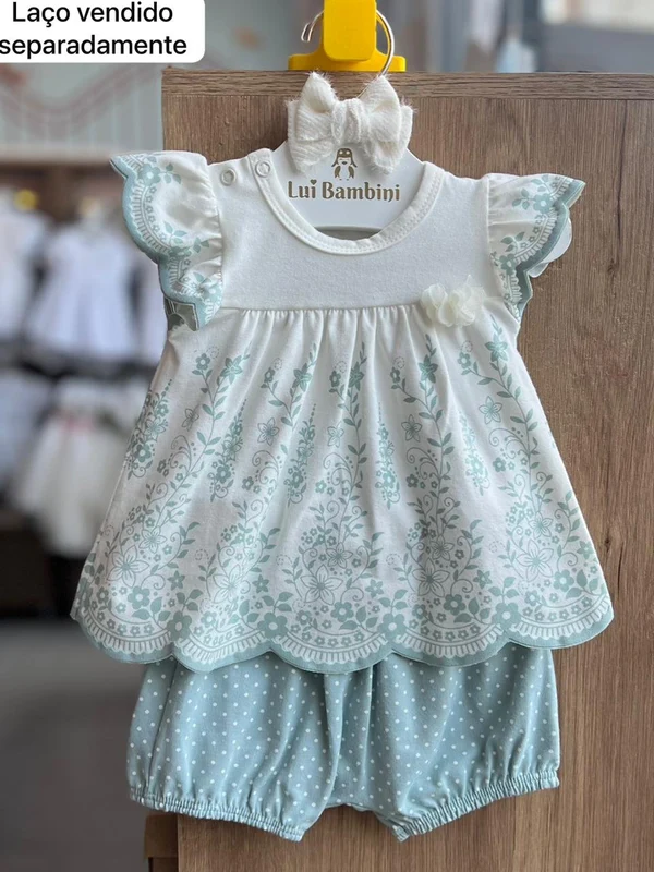 CONJUNTO BLUSA BATA MANGA CURTA BABADO FLORES E SHORT POA MENINA MILON OFF/VERDE / 2