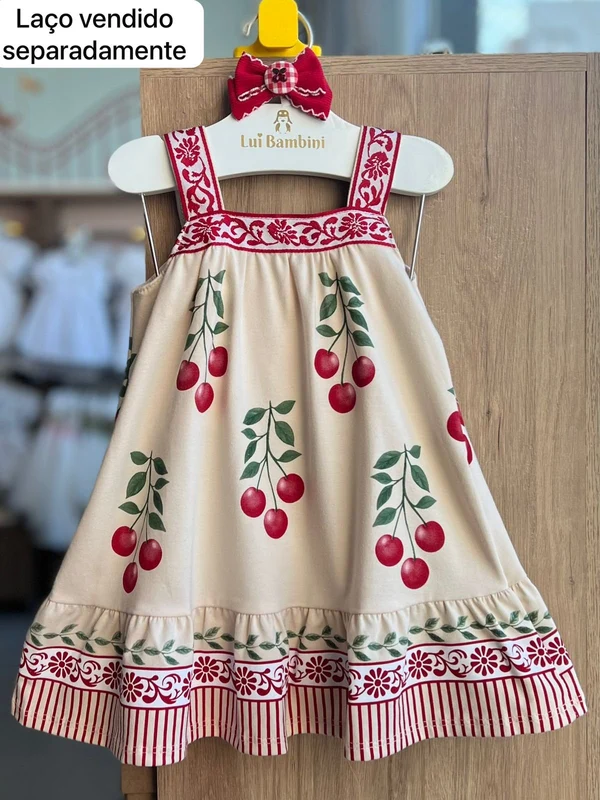 VESTIDO ALÇA CEREJAS FLORES LISTRAS BARRA MENINA MILON Bege / 8