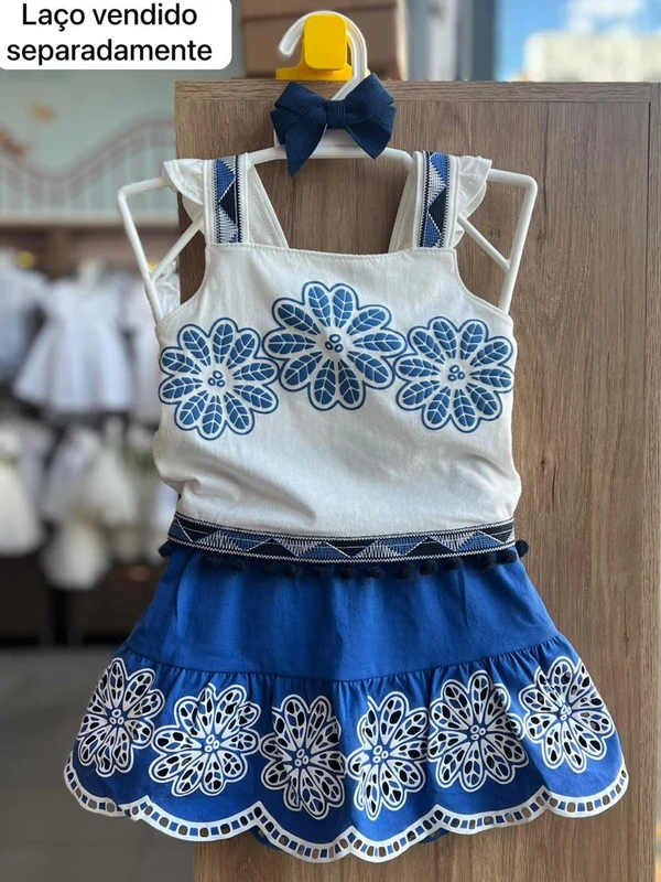 CONJUNTO BLUSA ALÇA BABADO FLOR RELEVO E SAIA MENINA NANAI OFF/AZUL / 10