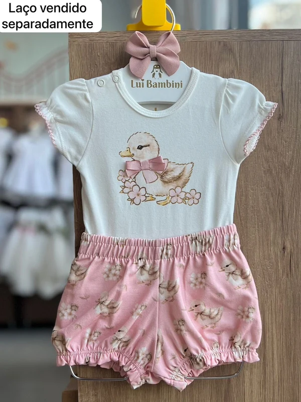 CONJUNTO BODY MANGA CURTA PATINHOS FLOR LAÇO E SHORT MENINA MILON OFF/ROSA / 3-6M
