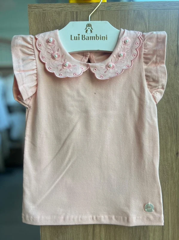 BLUSA MANGA CURTA GOLA FLORAL BORDADA COM PÉROLAS E BABADO MENINA MILON Rosa / 12
