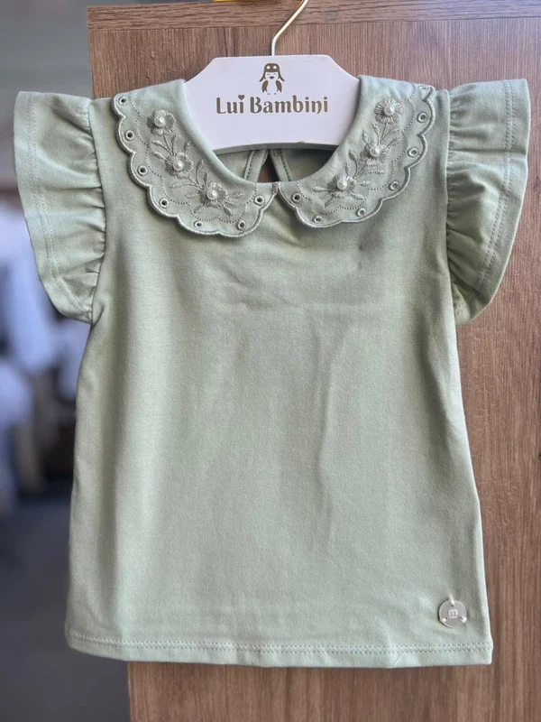 BLUSA MANGA CURTA GOLA FLORAL BORDADA COM PÉROLAS E BABADO MENINA MILON Verde / 3