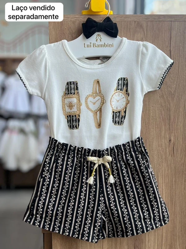 CONJUNTO BLUSA MANGA CURTA RELOGIOS STRASS E SHORT FLORES MENINA MILON OFF/PRETO / 1