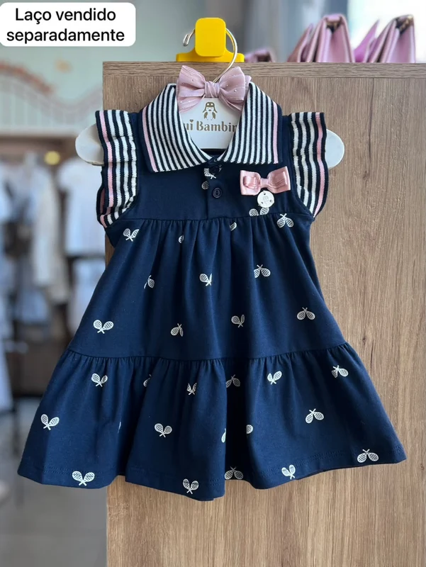 VESTIDO REGATA COM LAÇO LISTRAS E RAQUETES DE TÊNIS MENINA MILON MARINHO/BRANCO / 6-9M
