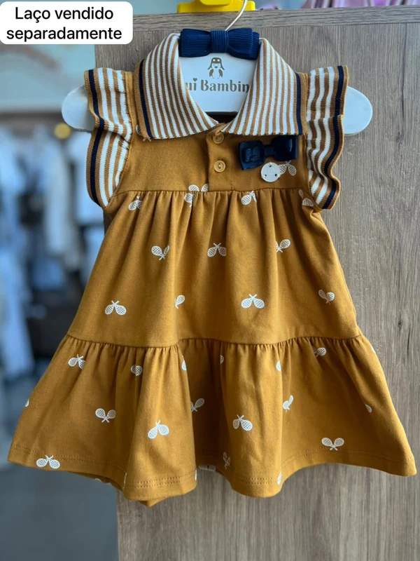 VESTIDO REGATA COM LAÇO LISTRAS E RAQUETES DE TÊNIS MENINA MILON MARROM/BRANCO / 1