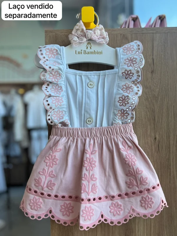 CONJUNTO BLUSA ALÇA PLISSADA E SAIA FLORAL MENINA MILON BRANCO/ROSA / 3
