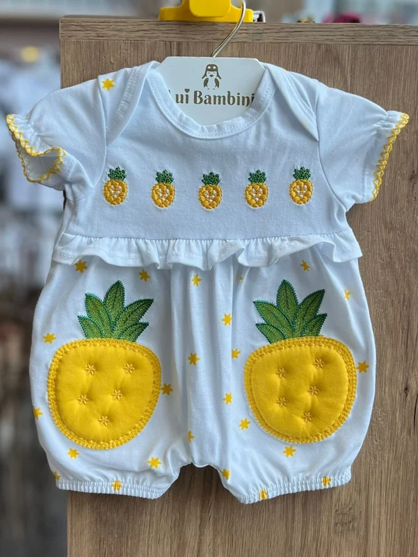 ROMPER MACAQUINHO MANGA CURTA BABADO ABACAXI BORDADO MENINA KYLY BRANCO/AMARELO / 6-9M