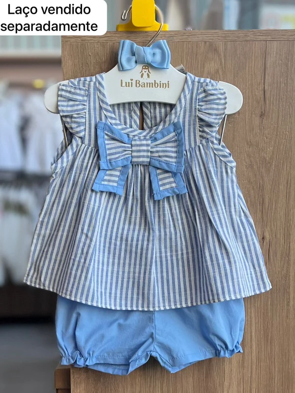 CONJUNTO BLUSA MANGA CURTA BABADO LISTRADO LAÇO E SHORT MENINA MILON AZUL / 1