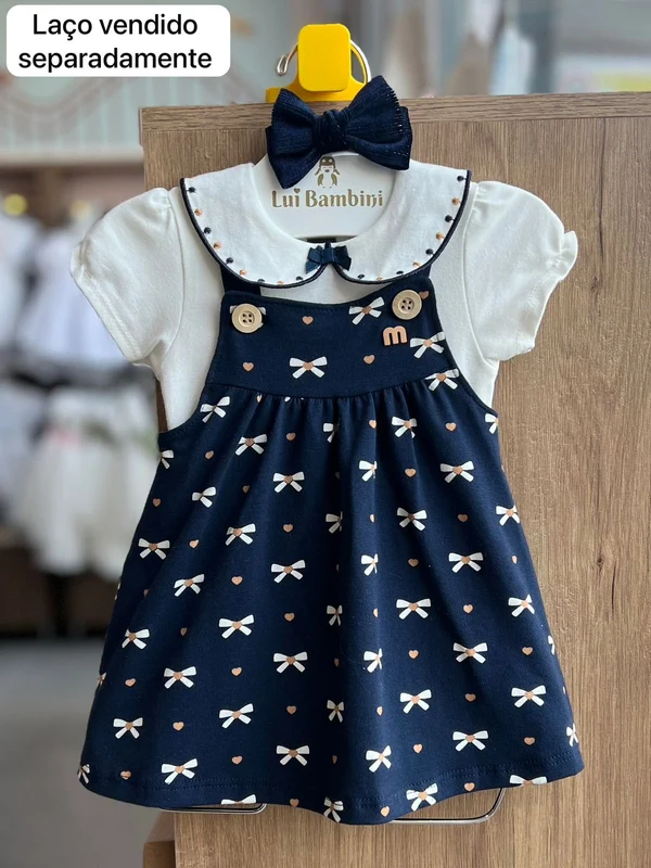 CONJUNTO BODY MANGA CURTA GOLA BABADOR LAÇO E SALOPETE ALÇA LAÇO CORAÇÃO MENINA MILON BRANCO/MARINHO / 6-9M