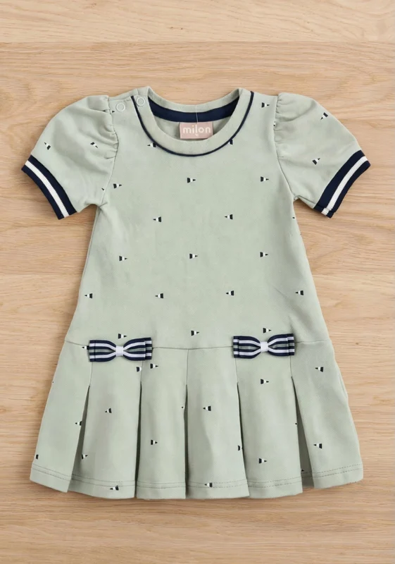 VESTIDO MANGA CURTA LAÇOS LISTRADOS E BARRA PLISSADA MENINA MILON VERDE CLARO / 12