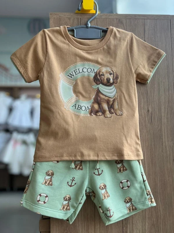 CONJUNTO CAMISETA MANGA CURTA CACHORRO WELCOME E BERMUDA MOLETOM MENINO MILON BEGE/VERDE / 8
