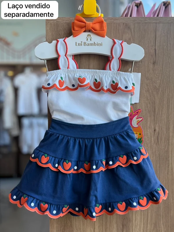 CONJUNTO BLUSA ALÇA BORDADA E SAIA BABADO LARANJAS MENINA NANAI BRANCO/MARINHO / 4