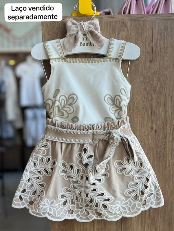 CONJUNTO BLUSA ALÇA BORDADA E SAIA FLORES VAZADAS MENINA MILON OFF/BEGE / 1