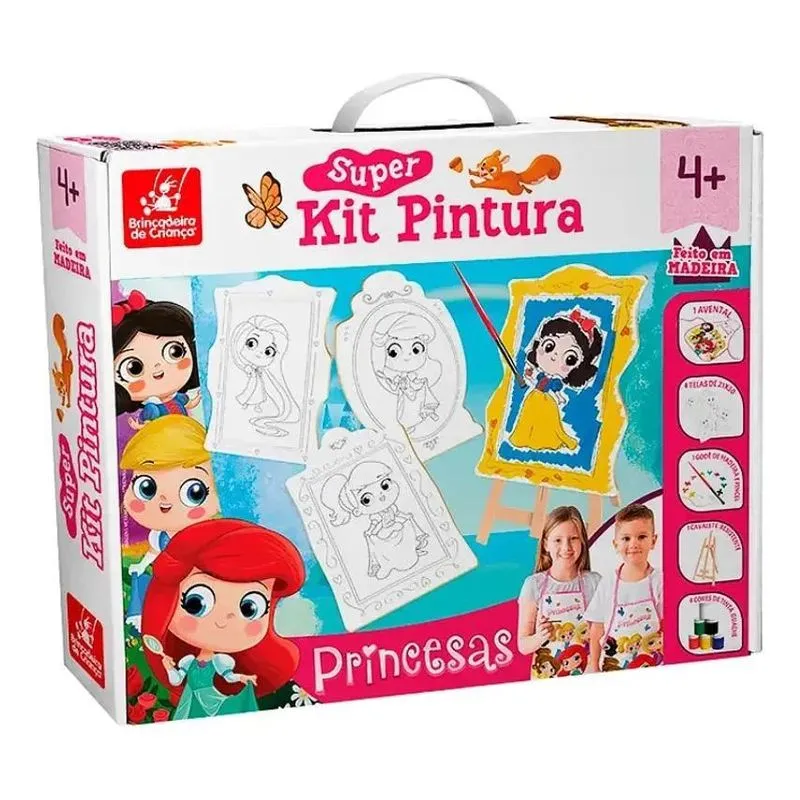 10x Super Kit Pintura Princesas Com 4 Telas + Cavalete + 6 T