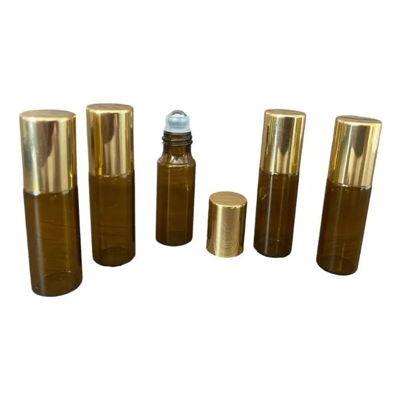 10 Frascos Vidro Âmbar Rollon 5ml Tampa Dourada