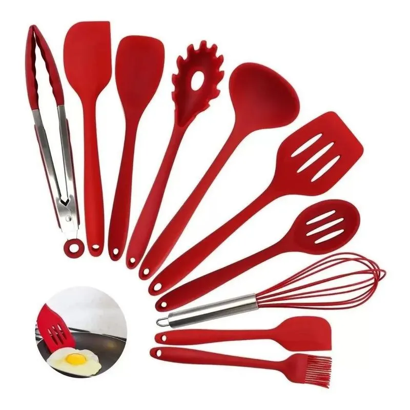 5x Jogo 10 Colheres De Silicone Cabo Inox Utensílios Cozinha
