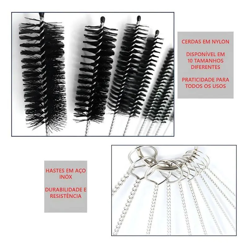 Tubular Escovas Nylon Inox 10pcs - Preto - Kit - 10