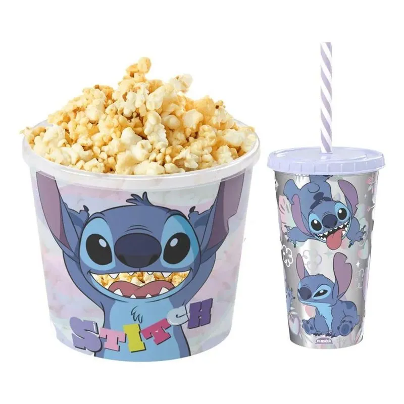 5x Kit Cinema Em Casa Balde De Pipoca E Copo Lilo E Stitch