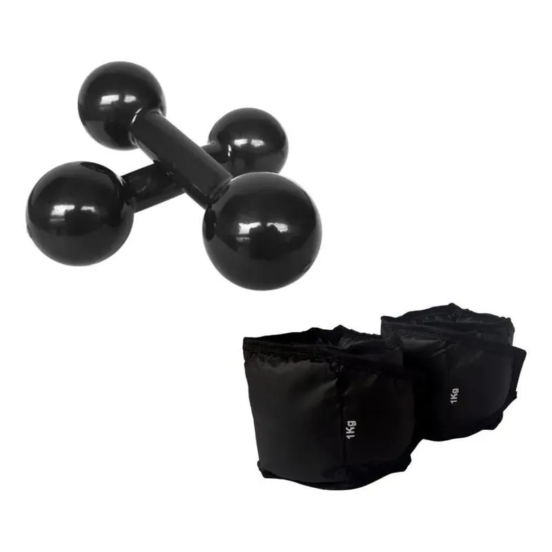 Kit Fisioterapia Caneleira 1kg + Par Halter Emborrachado 1kg