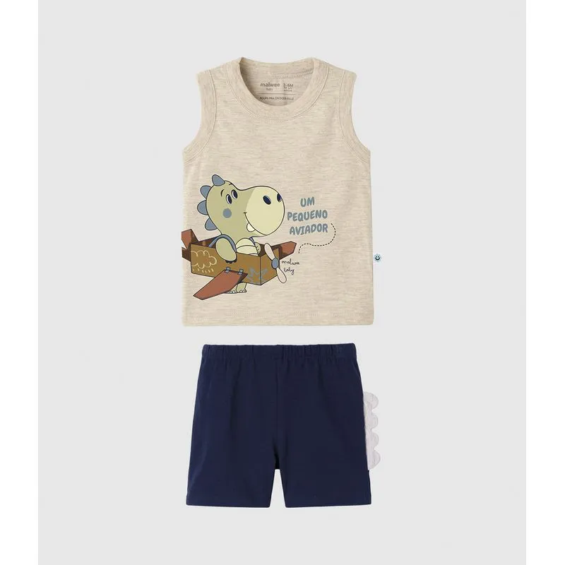 Conjunto Bebê Menino Um Pequeno Aviador Em Algodão Malwee Kids Cinza - 9M
