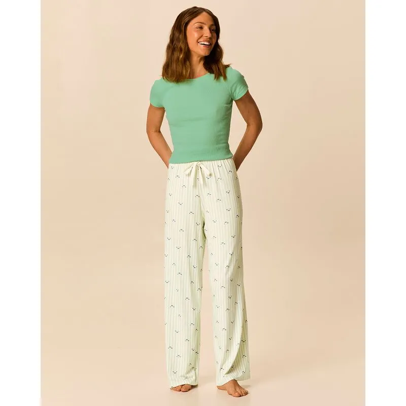 Pijama Longo Feminino Blusa Baby Look E Calça Pantalona Estampada Verde - GG