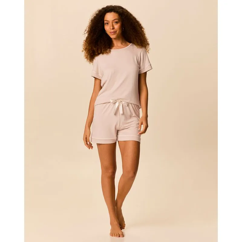 Pijama Curto Feminino Aplique Laço De Cetim Em Malha Viscose Stretch Bege - G
