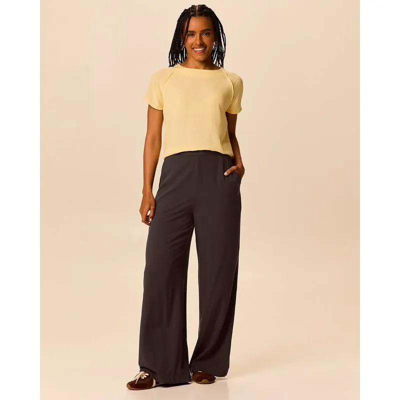 Calça Wide Leg Feminina Bolso Funcional Em Viscose Marrom - P