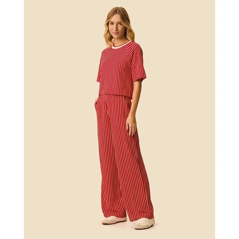 Calça Wide Leg Feminina Listrada Bolso Funcional Em Viscose Vermelho - P