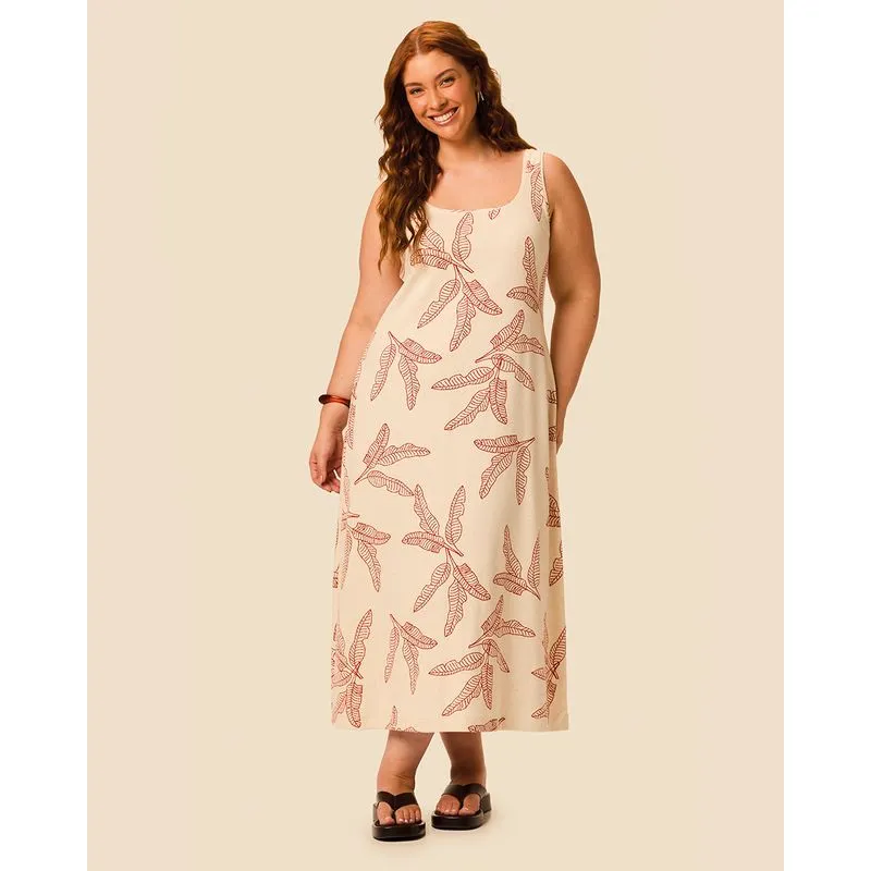 Vestido Midi Feminino Plus Size Amplo Decote Quadrado Em Ribana Linho Off White - G1