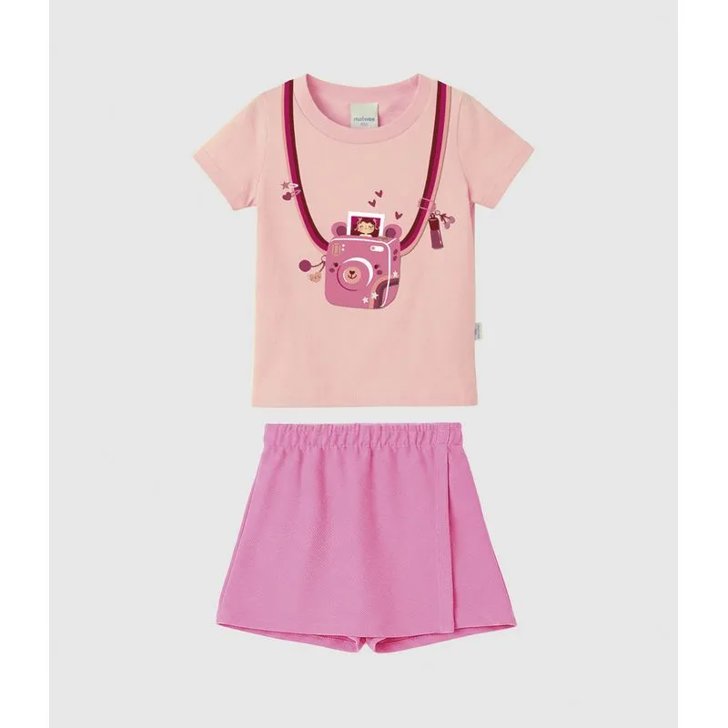 Conjunto Infantil Menina Blusa Câmera Fotográfica E Shorts Saia Malwee Kids Rosa - 2