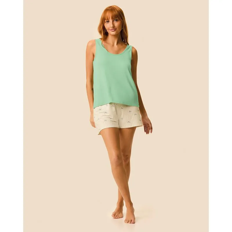Pijama Curto Feminino Regata E Shorts Estampado Em Viscose Stretch Verde - GG
