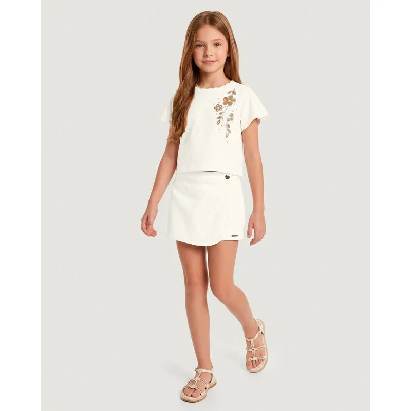 Conjunto Menina Blusa Detalhe Estampa E Shorts Saia Em Sarja - Carinhoso Off White - 3